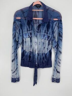 bebe Women's Blue Tie-Dye Sheer Y2K Top Tie Hem + Shoulder Cut Outs Size Medium